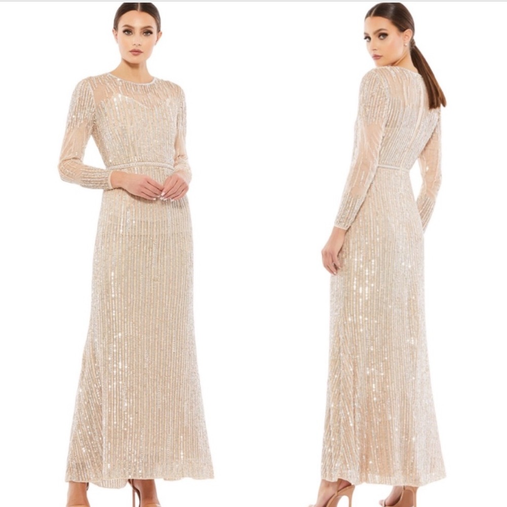 Mac duggal sequin stripe long sleeve tulle gown